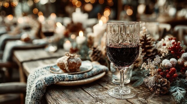Festive winter dinner table setting with wine glass