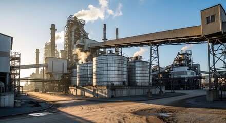 Obraz premium Industrial plant with tanks shines in sunlight, symbolizing energy production and manufacturing prowess