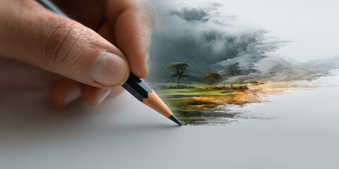 Person is using a pencil to draw a landscape with a tree and a body of water. The image has a calming