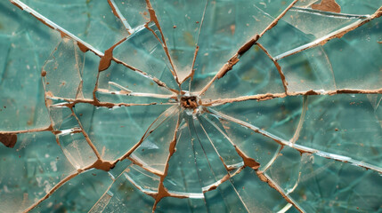 Shattered glass texture with dramatic radial cracks creates intriguing visual effect. intricate patterns and colors evoke sense of fragility and beauty in destruction