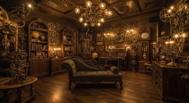 Ornate steampunk library - Powered by Adobe