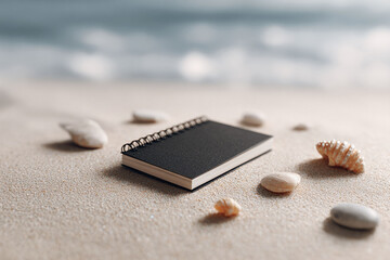 Seaside Inspiration Black notepad on a sandy beach with seashells. Represents creativity, vacation journaling, or seaside memories. Great for travel, writing concepts.