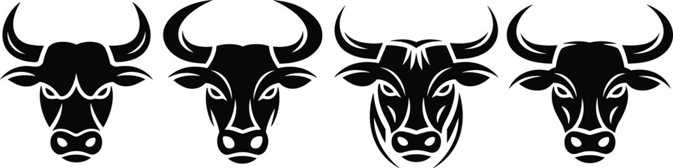 Bull head vector set, black and white illustrations, stylized horn designs, animal face graphics, bold symmetrical artwork, logo elements