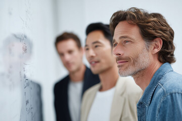 Obraz premium Diverse team brainstorming ideas. Businessmen collaborating, looking thoughtfully ahead, focus on strategy innovation. Shows vision, teamwork.