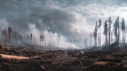 Forest destruction and smoke rising from charred landscape after fire