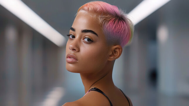 Short undercut hairstyle with pastel rainbow tones, showcasing confident expression. model unique look stands out in modern, minimalist environment, evoking sense of individuality and style