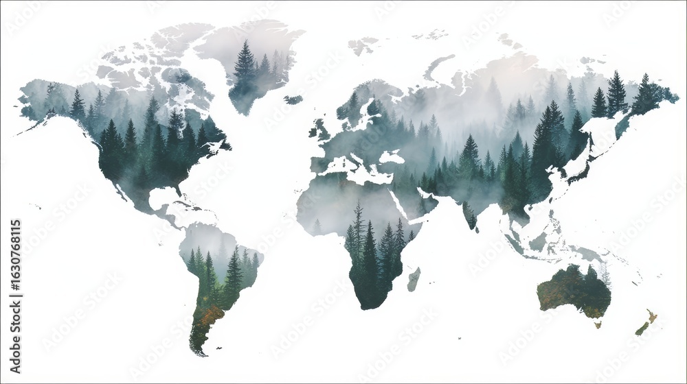 Wall mural world map with trees on it. the trees are spread out across the map, with some in the middle and oth