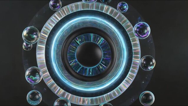 Sonic Resonance: An abstract display of sound dynamics, with a central speaker encircled by a glowing blue ring and floating bubbles, representing the vibrations of sound waves in the air.