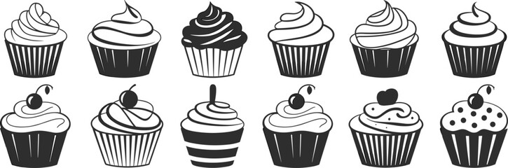 Cupcake illustration set, black and white dessert drawing, frosting and topping variety, hand drawn sweet vector, cad sketch flat style