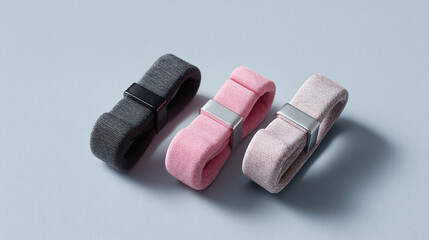 Stylish wristbands in gray, pink, and rose hues. Modern design for fitness tracking, fashion accessories, or health technology concepts. Clean background.