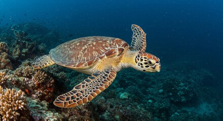 Magnificent sea turtle gracefully swimming near vibrant coral reefs