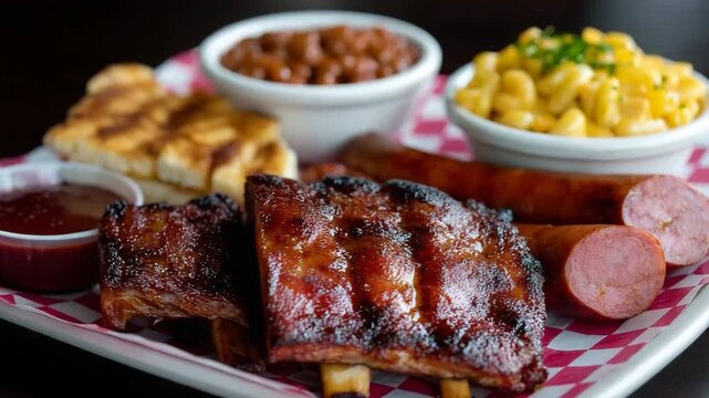 Delicious bbq feast with ribs, sausages, and macaroni on a checkered plate