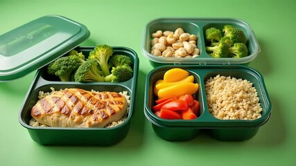 Freshly prepared grilled chicken and vibrant vegetables in meal prep containers for healthy eating on the go