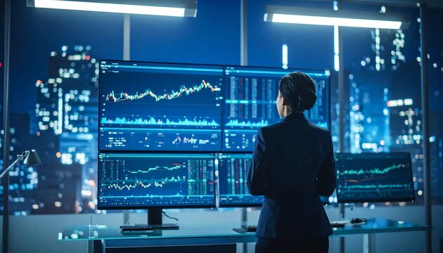 Businesswoman at night reviewing financial data on large monitors