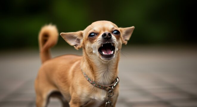 Alert chihuahua barking defensively with mouth open and sharp teeth revealed outdoors