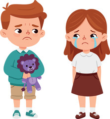 Sad young boy and crying girl with purple teddy bear vector illustration for emotional children scene 
