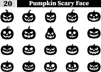 Collection of 20 diverse Halloween pumpkin faces carved with expressive emotions and spooky silhouette set isolated on transparent background 