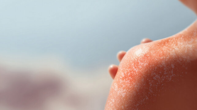 Closeup shows skin damage, sunburn. Redness and peeling depict sun exposure issues, health concerns, skin conditions. Suitable for medical, cosmetic ads.