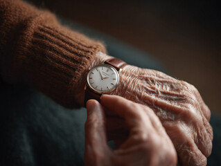 Wrinkled hands with a vintage watch suggest the passage of time, legacy, and aging. Perfect for themes of heritage, family history, patience, memories, or retirement planning.