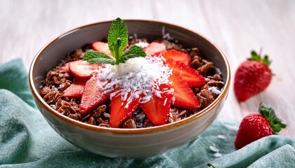 a vibrant bowl of chocolate dessert topped with fresh strawberries crunchy granola and fluffy coconut flakes garnished with mint leaves