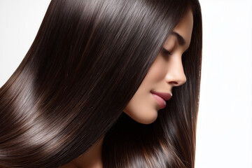 Fototapeta premium Side profile of a woman with long, glossy dark brown hair, showcasing healthy shine, smooth texture, and natural beauty