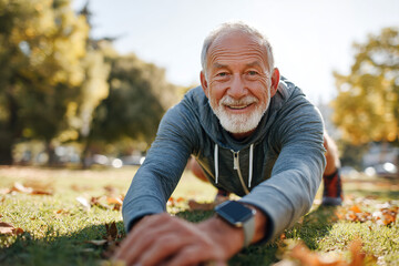 Senior man exercising on grass in park during sunny autumn morning