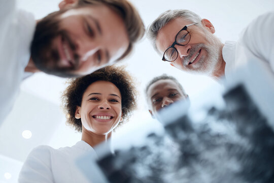 Smiling diverse medical team examines an xray with a unique perspective. Represents collaboration, innovation, healthcare solutions, and patient care excellence.