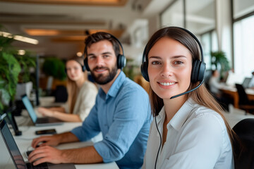 Call center woman, happy and portrait at help desk, job and staff group with computer, advice and office. Telemarketing agent