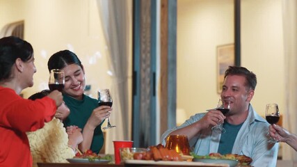 Family gather for holiday celebration in garden. Adult member drink wine at dinner party. Outdoor camping activity, relax with food, spend time with cute relatives cross generation gap. Divergence.