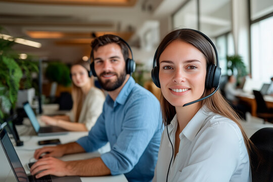 Call center woman, happy and portrait at help desk, job and staff group with computer, advice and office. Telemarketing agent