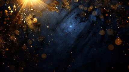 Sparkling particles on deep navy blue background create radiant shimmer, evoking sense of wonder and magic. golden hues blend beautifully, enhancing visual appeal