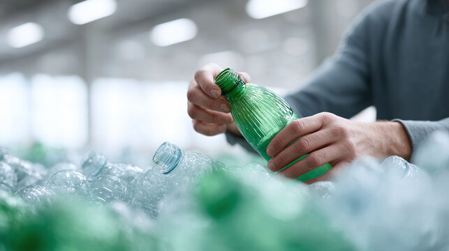 Person sorting plastic bottles. Symbol of recycling, sustainability, and environmental responsibility. Perfect for ecological awareness campaigns and green initiatives. - Powered by Adobe