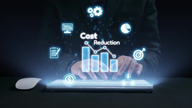A business professional engages with a modern keyboard displaying digital graphs and icons. This scene emphasizes cost reduction and strategic financial management in the corporate world. Qubit