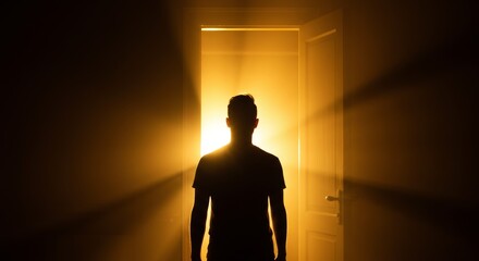 Silhouette of a man in a doorway bathed in golden light representing choices and opportunities