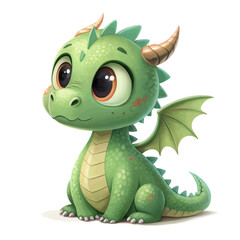 Fototapeta premium Cute Baby Green Dragon Sitting with Big Eyes, Chubby Body, Tiny Horns, Detailed Scales, Smooth 3D Finish