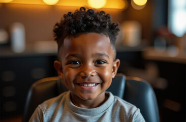 smiling young african american boy with curly hair sitting indoors under warm lighting. concept of childhood happiness and innocence, lifestyle