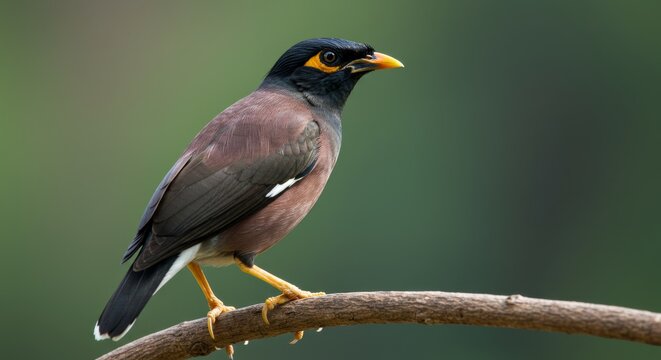 Detailed close up of a myna bird perched on a branch in natural habitat