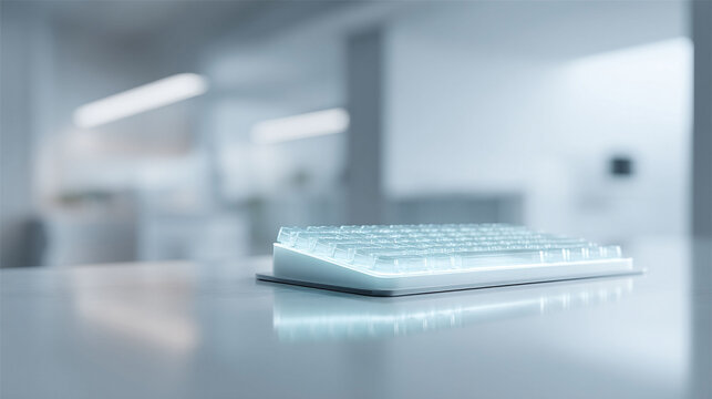 Sleek, minimalist keyboard glowing on a desk in a bright, modern office. Concept of technology, innovation, productivity, future workspace, and clean design.