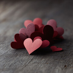 Obraz premium Rustic Valentines Day theme. Paper hearts in reds and pinks on distressed wood. Symbol of love, romance, affection. Great for cards, design elements, backgrounds.