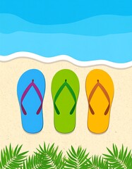 Colorful flip-flops on sandy beach