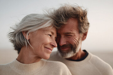 Intimate closeup of a loving mature couple, foreheads touching, smiling contentedly. Warm tones evoke comfort and enduring affection. Ideal for lifestyle, romance, aging themes.