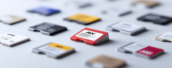 Colorful array of micro secure digital storage cards, symbolizing data, technology, memory, information. Great for tech, communication, or organization visuals.