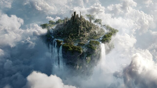 Top down Satellite view of a floating island city above clouds waterfalls cascading into nothingness
