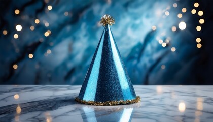 shimmering blue party hat on marble surface in soft lighting