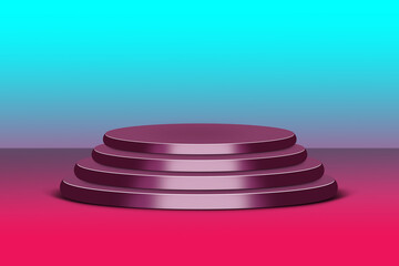 Four tiered circular podium with metallic purple finish against a gradient blue and pink background stage