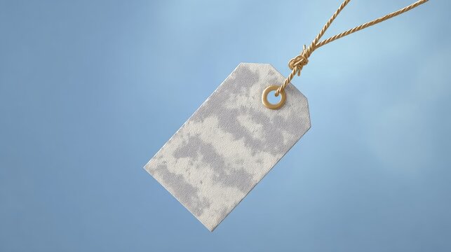 Vintage paper tag floating in blue space with abstract texture, minimalist design concept.
