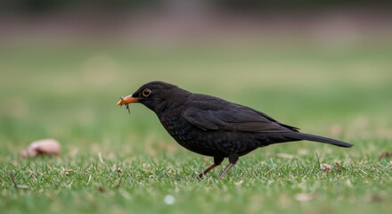 Fototapeta premium Detailed close-up of a blackbird with an insect in its beak foraging in a garden