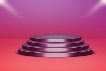 Four tiered purple podium with white trim against a pink and purple gradient background with spotlights