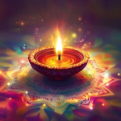 Traditional Diya on Colorful Abstract Background