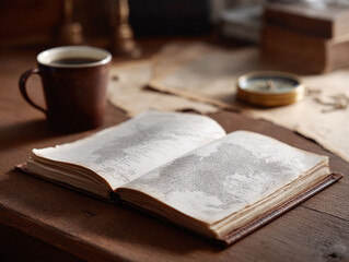Naklejka premium Antique aesthetic featuring an open book of maps, coffee, and a compass on a wood desk. Evokes adventure, discovery, and nostalgia. Use for travel, history, or writing.